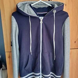 Superdry Men's Navy & Grey Full Zip Hoodie. Large Spellout on Back Medium